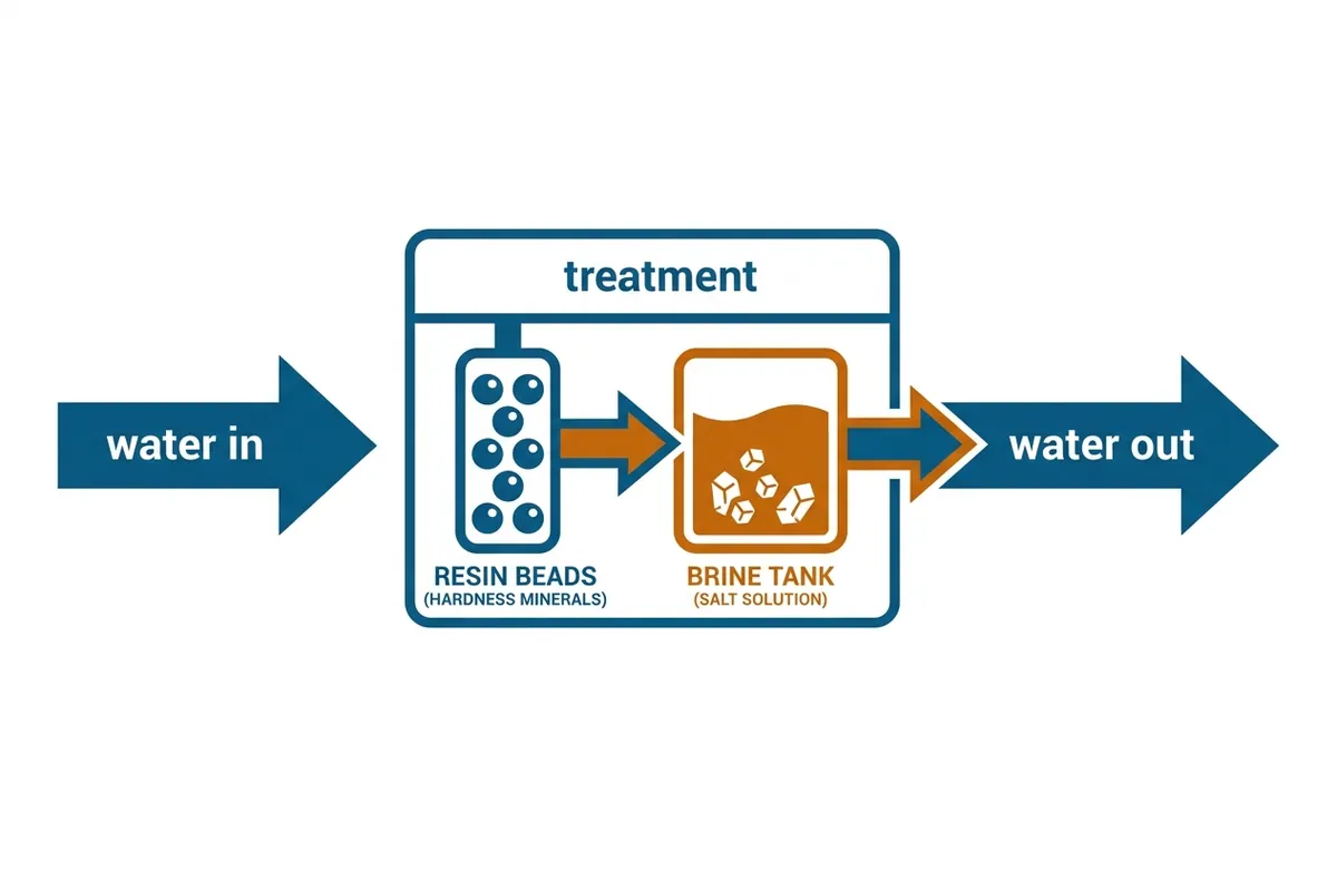 Diagram of how a water softener treats hard water from intake to soft water out