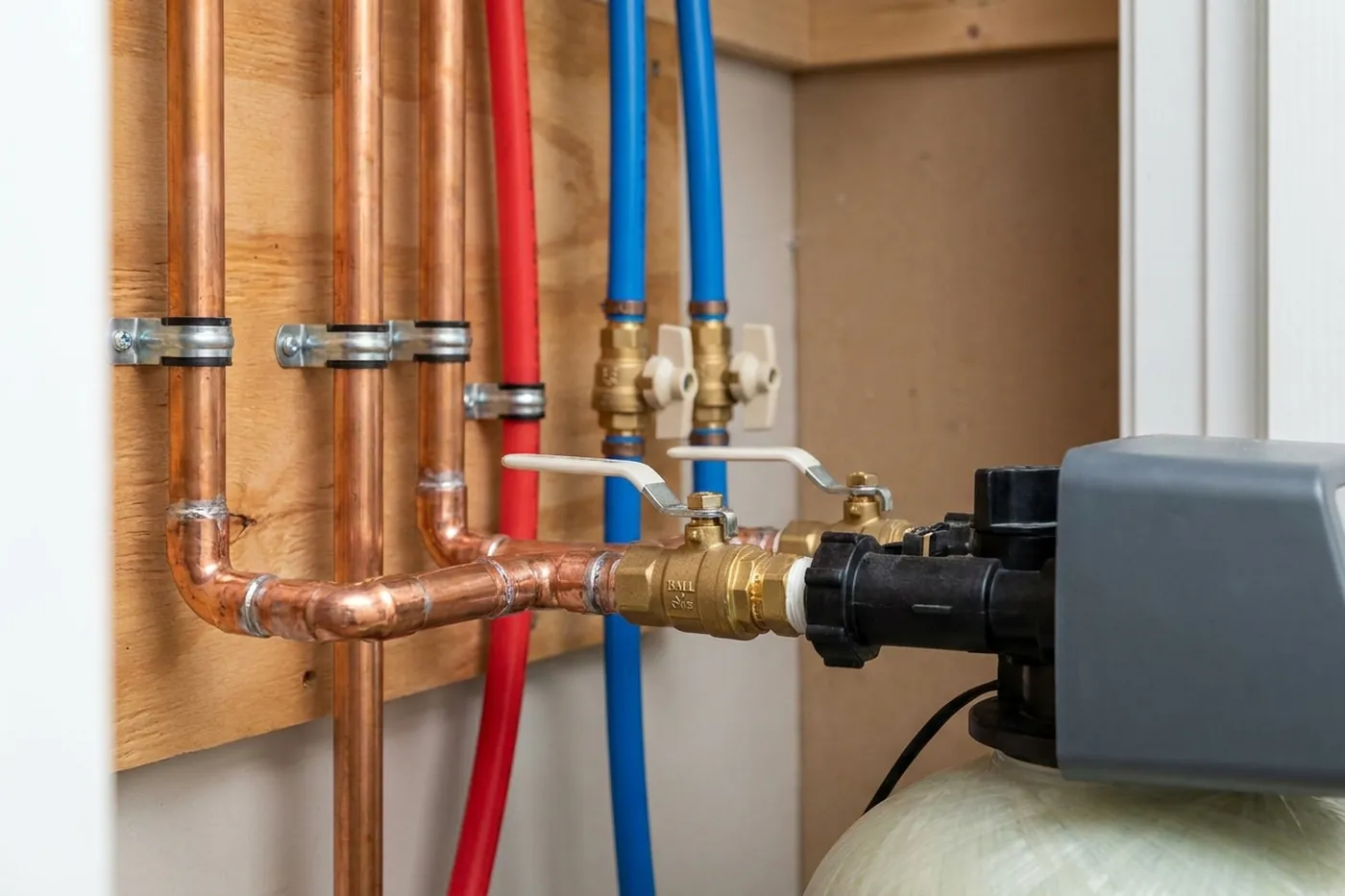Neat copper and PEX plumbing connections on a completed Peoria water softener installation